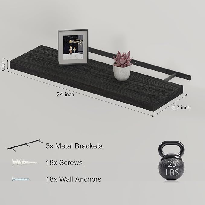 Floating Shelves 24 Inch Wall Shelf Solid Wood Mounted Storage for Bedroom Living Room Set of 3, Black Wall Shelves