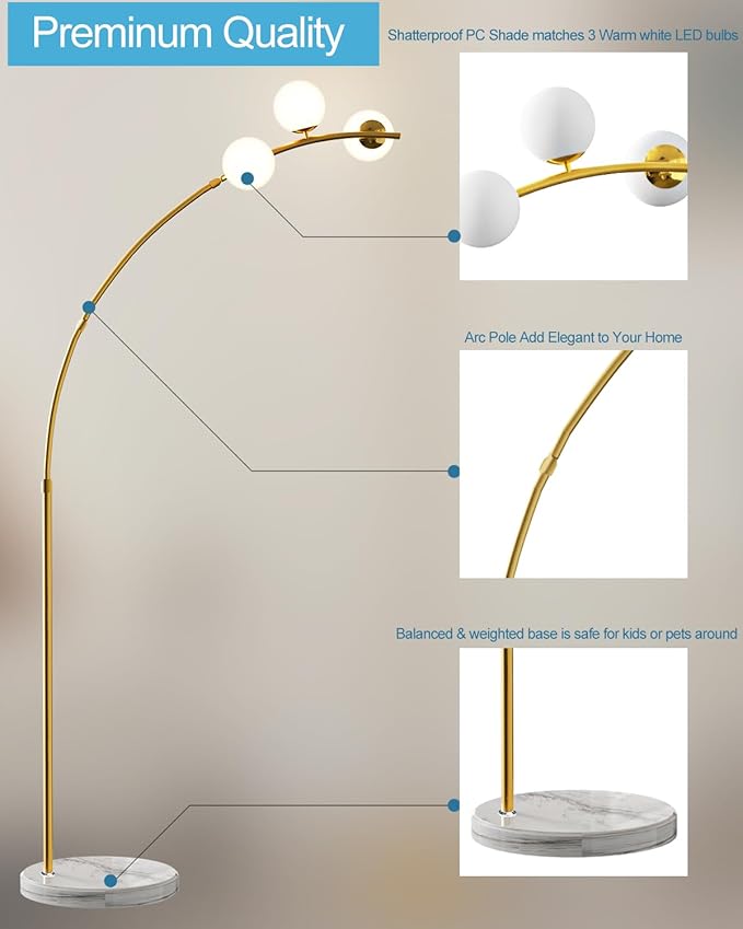 Lightdot 3 Globe Modern Floor Lamp for Living Room, Contemporary Gold Arc Floor Lamp with Shatterproof Shade and Bulbs Included,Mid Century Standing Lamp for Bedroom & Home Office