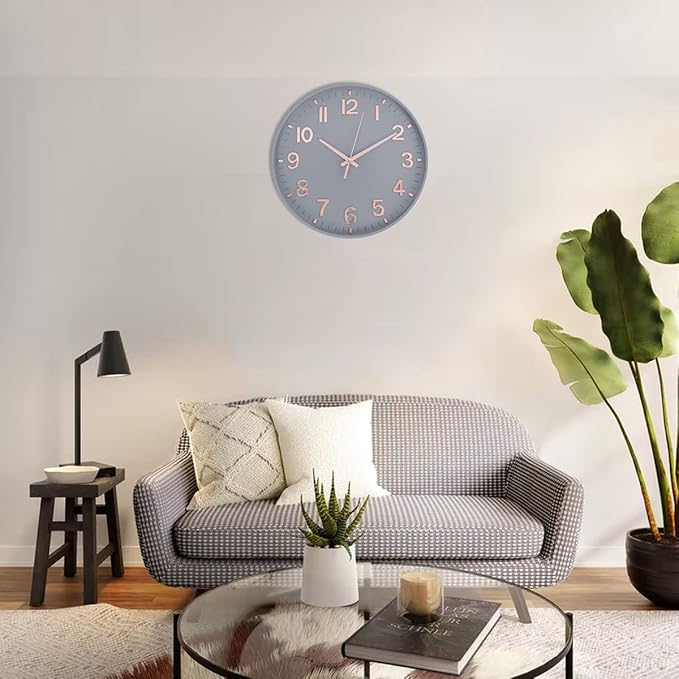HZDHCLH Modern Wall Clocks Battery Operated,12 inch Silent Non Ticking Round Quartz Clock for Wall,3D Numbers Wall Clock for Kitchen Bedroom Living Room Office Classroom Decor (Grey-Rosegold)