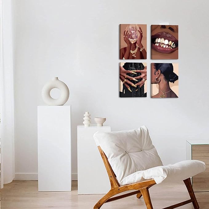 Black Woman Framed Canvas Art Decor,Black Girl Art Poster,Black Female Art Printing,Feminine Boho Art Abstract African American Woman Wall Art Decor for Home Bedroom - Set of 4 (8"X10",Built-in frame