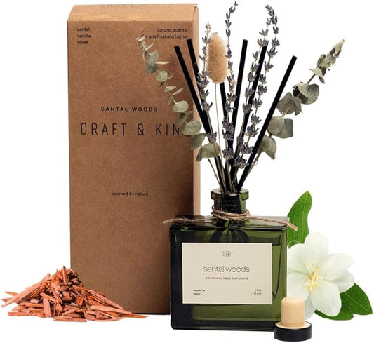 Craft & Kin Reed Diffuser with Dried Flowers | 5 oz Santal Woods Scented Reed Diffusers for Home, Bathroom | Scent Sticks | Elegant Fragrance Home Decor for Men & Women