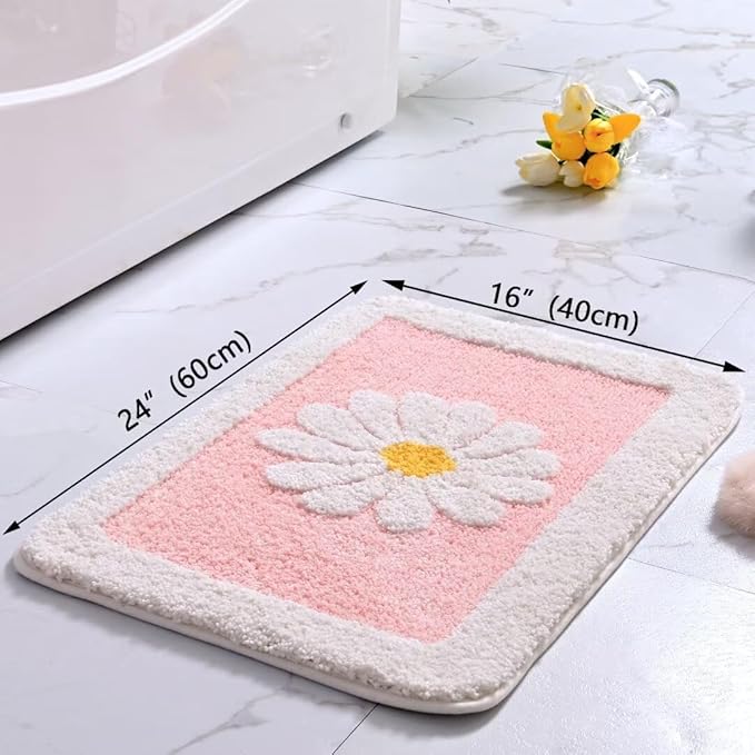 Fluffy Soft Superfine Fiber Bath Rugs, White Flower - Non Slip, Machine Wash, Plush Mat for Bathroom & Shower Room (16" 24", Pink)