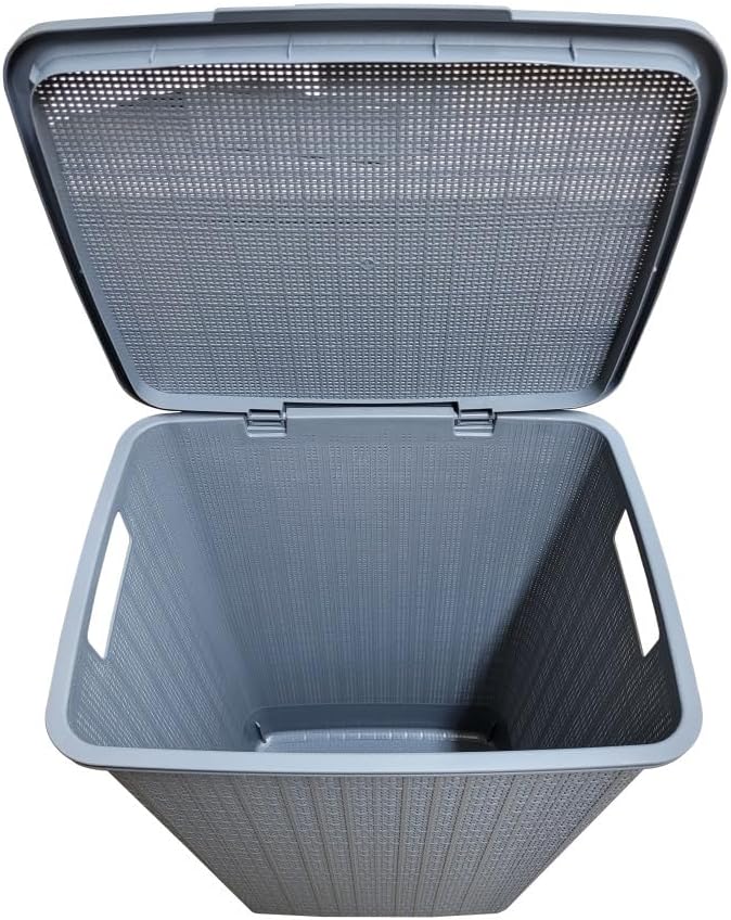 YBM Home Plastic Rattan Laundry Hamper Basket with Hinged Lid, Ventilation Holes, Durable, Lightweight Bin With Cutout Handles, Storage Dirty Clothes, Space Saver, 16.75" x 13.5" x 23.75", Light Grey