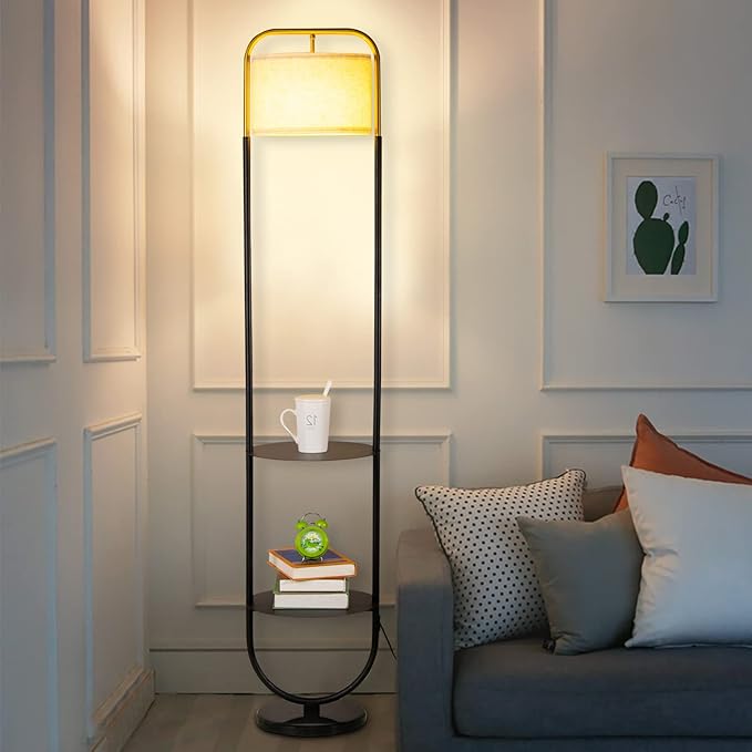 beaysyty Modern Elegant with Double Tray Floor Lamp for Office Cafe Den Living Room Bedroom,Foot Switch and Black Finish,Beige Cloth Lampshade Arc Floor Lamp