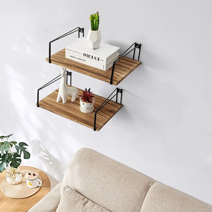 Coral Flower Wide Floating Shelves Rustic Wood Wall Shelves Set of 2 Wall Mounted Shelves with Large Capacity for Many Rooms Decor,Carbonized Black