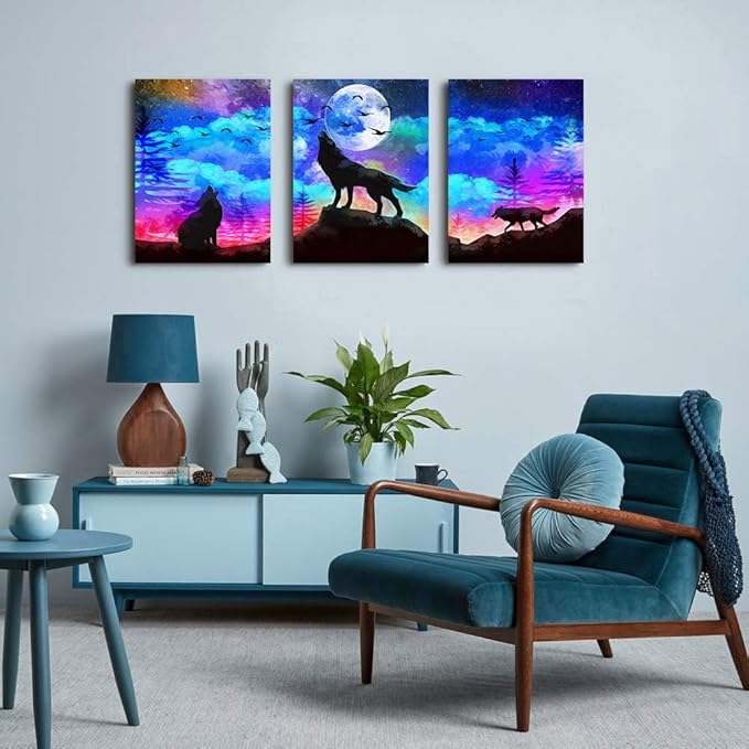 Canvas Wall Art For Living Room Large Size Wall Decor For Bedroom Office Decor Artwork Modern 3 Pieces Framed Canvas Art Prints Ready to Hang Wolf Pictures Blue Sky Auroral Painting Home Decoration