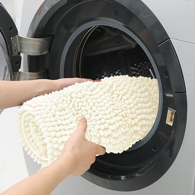 ACCUMTEK Striped Ice Cream Bathroom Rug Set 3 Pieces Ultra Soft, Non Slip Chenille Toilet Mat, Absorbent Plush Shaggy Bath Mats for Bathroom, Bedroom, Kitchen