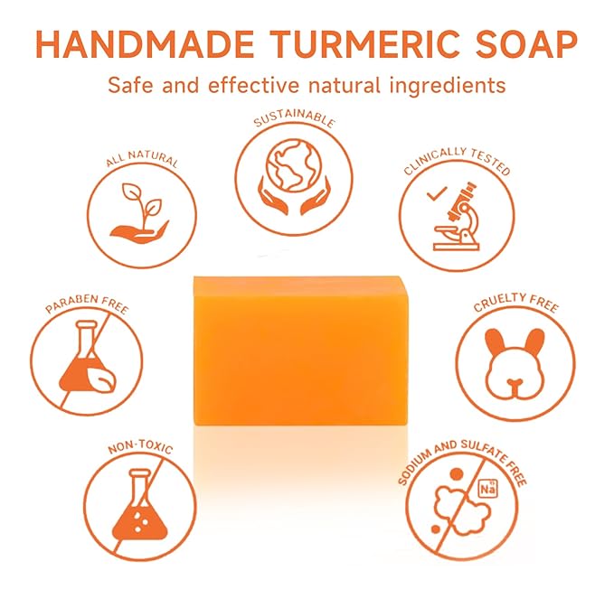 3 PCS Turmeric Soap Bar, Organic Turmeric Bar Soap for Face & Body Cleansing, Handmade Bath Soap Deeply Cleanse Smooth Skin Moisturizing Soothing, For All Skin Types, Men and Women