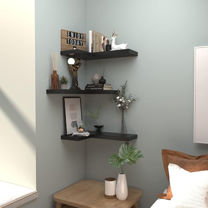 NATURE'S SOURCE Corner Floating Shelves with Invisible Brackets, Corner Shelves Wall Mounted Set of 3, Bedroom Bathroom Kitchen Living Room Office- Gothic Style 17" x 6" (Black)