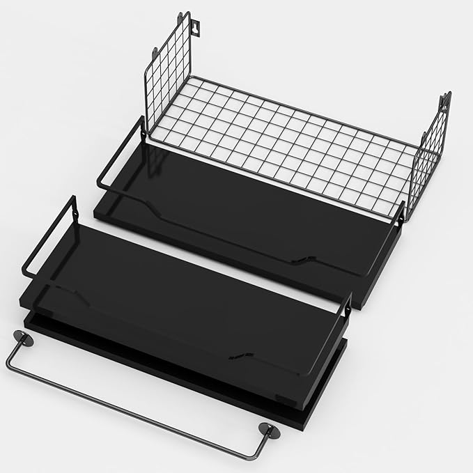 Floating Shelves Wall Mounted,Wood Bathroom Shelf Over Toilet with Paper Storage Basket, Wall Decor Farmhouse Floating Shelf for Bedroom, Living Room, Kitchen,Office (Black)