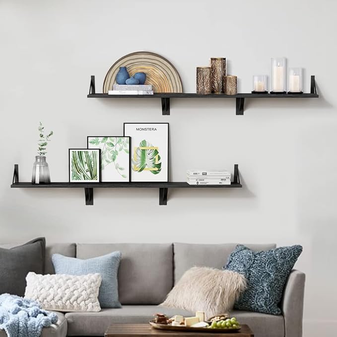 Forbena Black Floating Shelves Bathroom Set of 3, Wooden Wall Book Shelves, Rustic Shelf for Storage, Bathroom Organizer, Living Room, Kitchen, Office (Black)