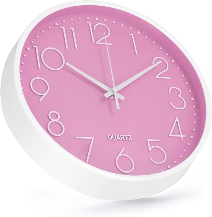 Wall Clock Non-Ticking Silent Modern Simple Style Round Decor Clock Stereoscopic Dial Quartz Wall Clocks for Home/Office/School/Living Room/Bedroom/Kitchen (Pink, 8inch)