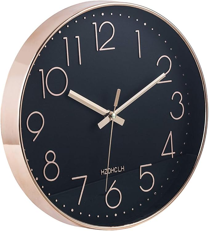 HZDHCLH 12 inch Black Wall Clocks Battery Operated, Small Silent Non Ticking Wall Clock for Living Room Bedroom Kitchen Office Classroom Decor(Black Rose Gold)