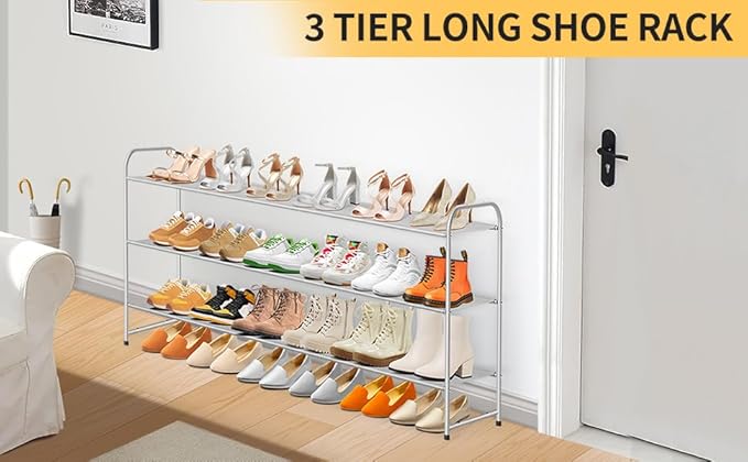 SLEEPING LAMB 3-Tier Long Shoe Rack Organizer for Closet, Stackable Wide Shoe Shelf Holds 24-Pairs Shoe Storage for Bedroom, Floor, Entryway (Grey)