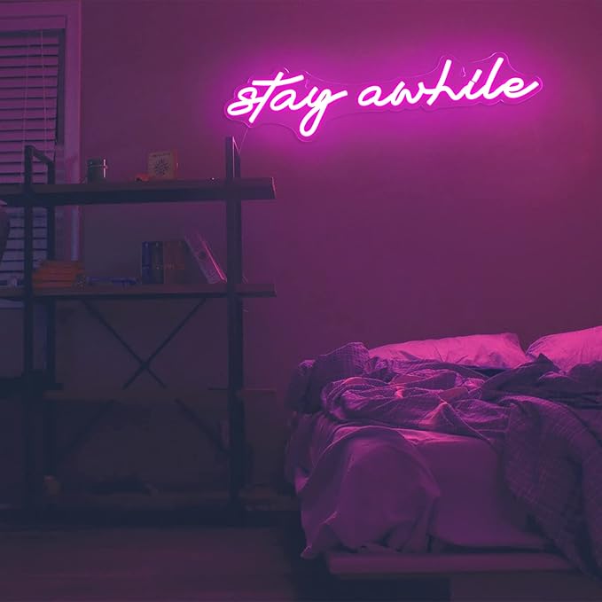 Pink Stay Awhile Neon Signs - IMEGINA Dimmable LED Bar Neon Sign for Wall Decor 19.7x5 Inch, USB Powered Cool Neon Light for Bedroom Home Room Pub Party, Birthday Christmas Gift