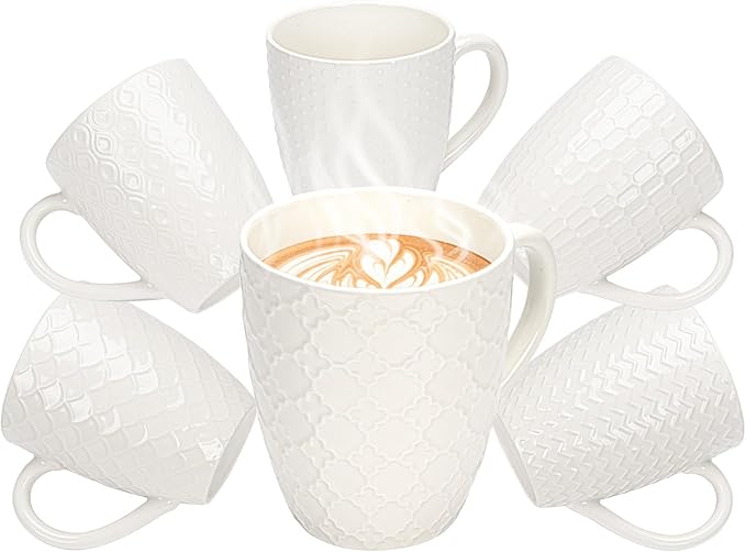 Hoikwo Off White Coffee Mugs Set of 6, Ceramic Cup Set, 17 oz Artistic Drinkware for Coffee, Tea, and Beverages, Family Pack of 6 Unique Patterns, Microwave Safe and Dishwasher Safe