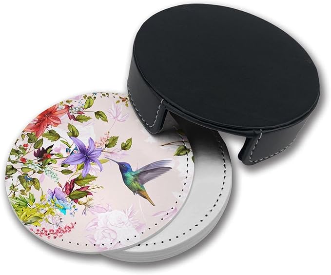 Hummingbirds Bird Flower Coasters for Drinks with Holder Leather Coasters Set of 6 Table Decor Protect Furniture from Water Marks Scratch and Damage
