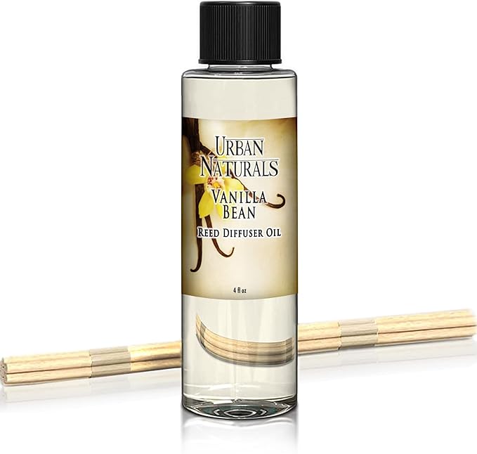 Urban Naturals Vanilla Bean Reed Diffuser Refill, 4 oz, Bundle with Vanilla Bean Reed Diffuser Set - Made with Essential Oils in The USA