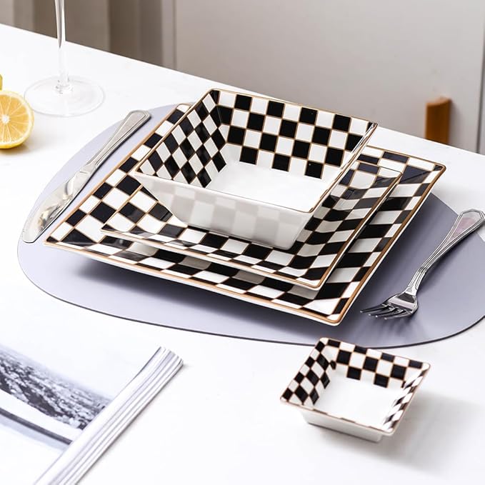 Porlien Checker Porcelain Square Dinnerware Set for 4, Dishes Set for 4 with 3.3-inch Dipping Saucers, Black and White Plates and Bowls Set