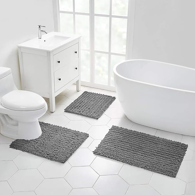 Walensee Bathroom Rug Non Slip Bath Mat (24x17 Inch Grey) Water Absorbent Super Soft Shaggy Chenille Machine Washable Dry Extra Thick Perfect Absorbant Best Small Plush Carpet for Shower Floor