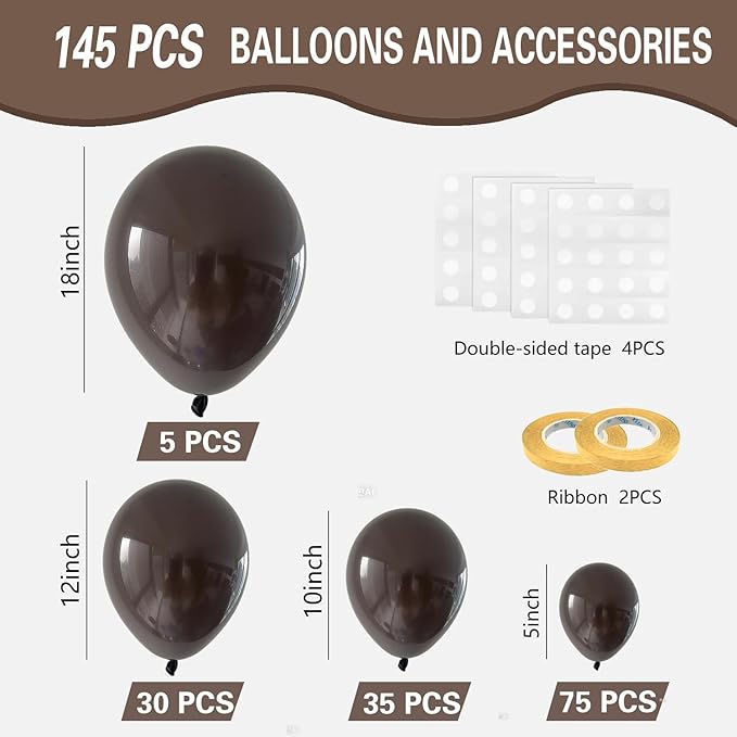 Dark Brown Balloons 145pcs Different Sizes 18 12 10 5 Inch Boho Brown Garland Arch Kit Latex Balloon for Birthday Party Graduation Wedding Anniversary Baby Shower Decoration