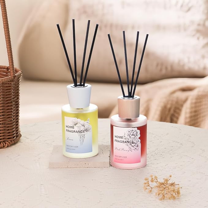 Reed Diffuser - Linen&Pink Peony 4.06oz (120ml) 2 Packs Essential Oil Reed Diffuser Set with 16 Sticks, Long Lasting Fragrance for Home, Bathroom, Bedroom, Room, Decor