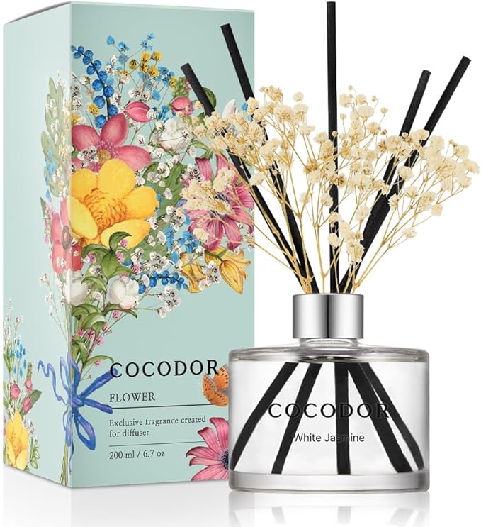 COCODOR Flower Reed Diffuser Set / 6.7oz / White Jasmine/Scent Diffuser with Sticks Home Fragrance Reed Diffuser for Bathroom Shelf Decor