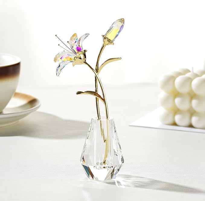 Crystal Lily Figurine, Glass Flowers with Stem,Flower Collectible Gifts for Woman, Wedding Party Decor(Transparent)