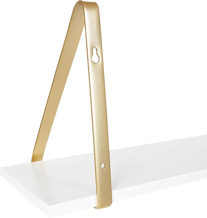 Kate and Laurel Soloman White Wooden Shelves with Gold Metal Brackets, 2 Piece Set