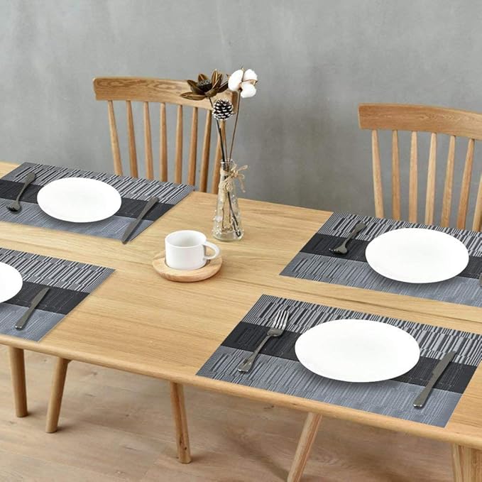 GIVERARE Placemats Set of 4, Heat-Resistant Woven Vinyl Placemat, Non-Slip Washable PVC Table Mat, Easy to Clean Premium Plastic Mats for Dining, Kitchen Table (Black+Gray)