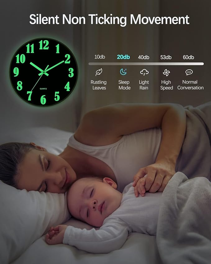 JoFomp Glow in The Dark Clock, 14 Inch Modern Silent Non Ticking Wall Clocks Battery Operated, Night Light Wall Clock for Living Room Decor, Wall Clock Decorative for Kitchen Bedroom