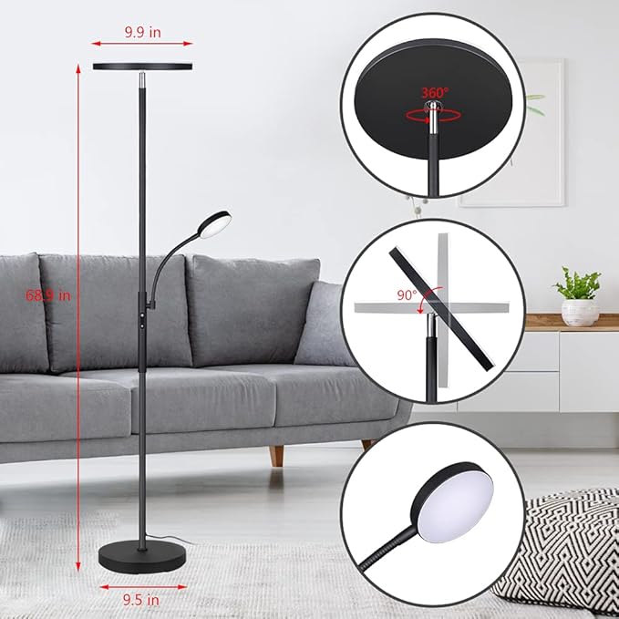 Dimunt Floor Lamp LED Floor Lamps for Living Room Bright Lighting, 27W/2000LM Main Light and 7W/350LM Side Reading Lamp, Adjustable 3 Colors Tall Lamp with Remote & Touch Control
