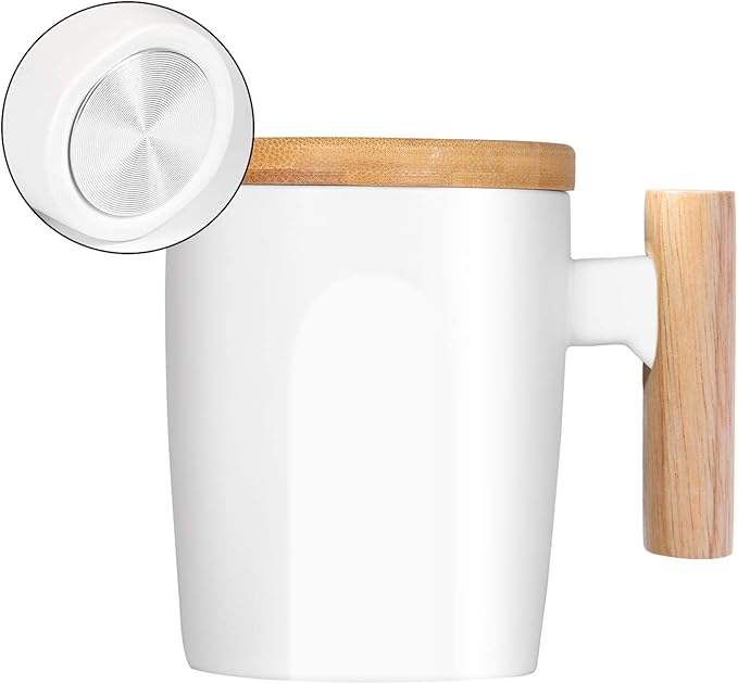 HOWAY Flat Bottom Mug with Wood Lid, Ceramic Tea Cup for Coffee Warmer, Universal, Flat Bottomed, Wooden Handle, 14oz
