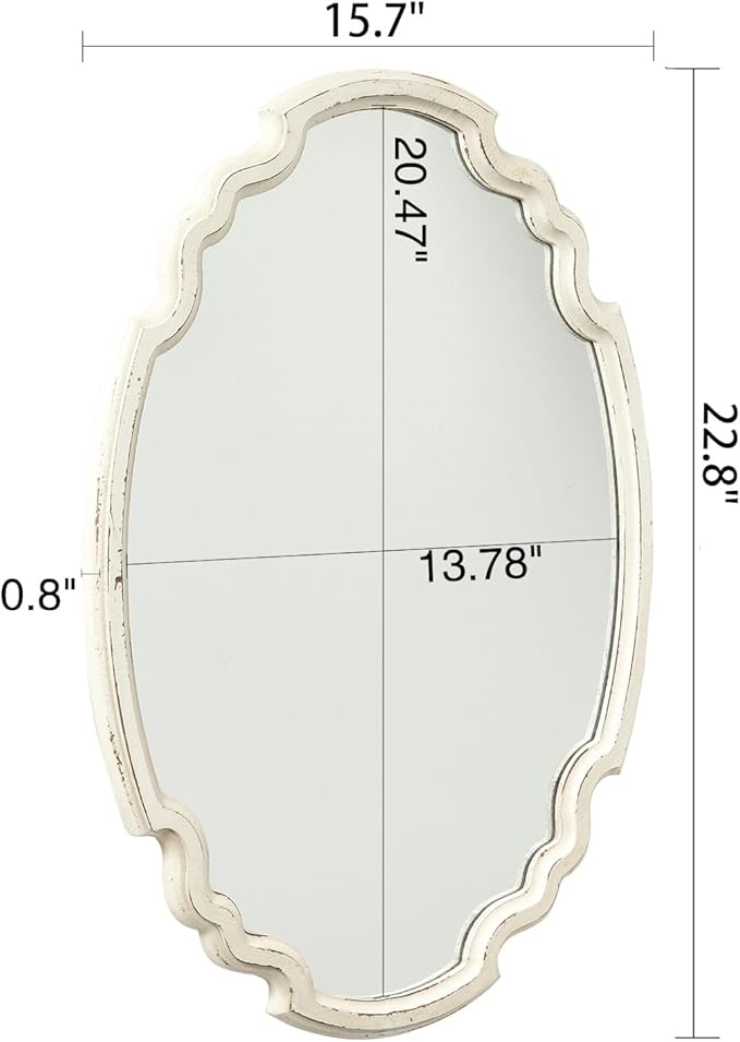 Vintage Sculpted Oval Mirrors for Wall Decor Living Room 16 x 23 inch, Hanging Distressed White Ornate Accent Wood Farmhouse Mirror, Rustic Wall Mounted Mirrors for Small Bathroom Entryway