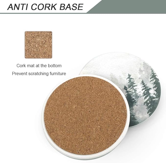 Lahome Forest Pattern Coasters - Round Drinks Absorbent Stone Coaster Set with Ceramic Stone and Cork Base for Kinds of Mugs and Cups (Forest, 4)