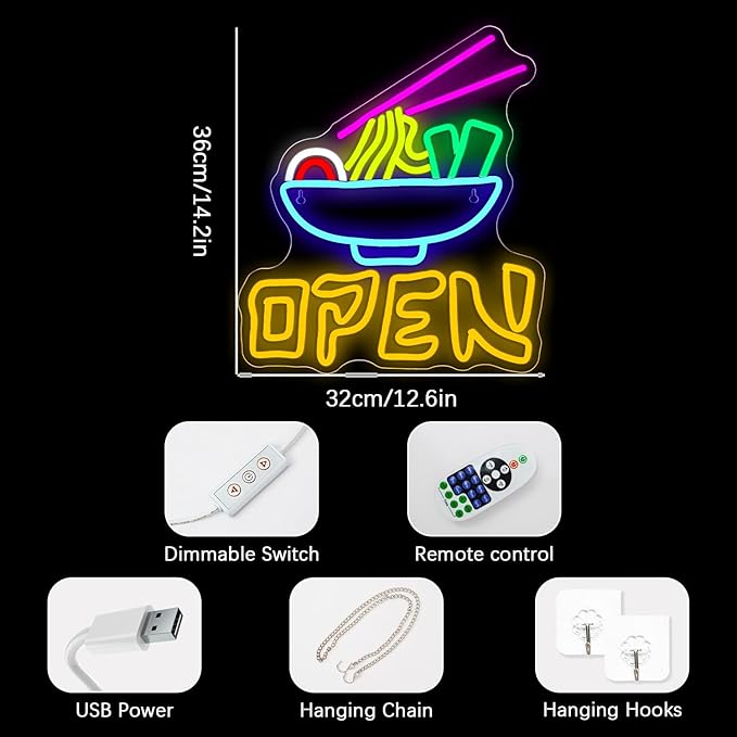 NEONLOVE Ramen Neon Sign Noodle Open Neon Signs for Wall Decor Ramen Neon Light Up Sign Colorful LED Sign Lights for Japanese Ramen Neon Lights for Restaurant Kitchen Fast Food Bar Club Dinner Party