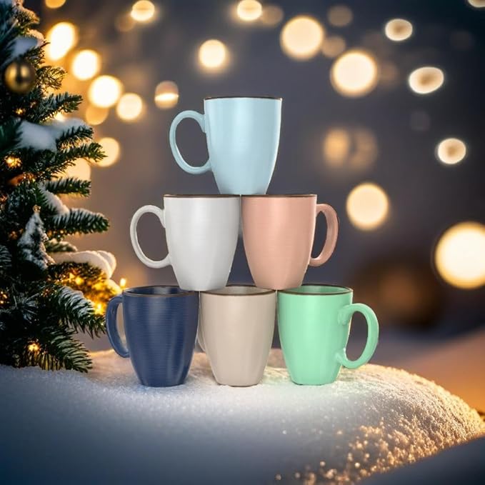 Set of 6 12oz Designer Ribbed Style Colorful Ceramic Coffee Mugs, Coffee Cups Gift Set for Coffee, Tea, Cocoa and More. Dishwasher and Microwave Safe.