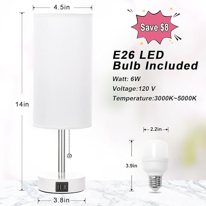 Hong-in Nightstand Lamp with 3 Color Modes - White Lamp for Bedroom with USB-C USB-A Charging Ports, 3000/4000/5000k Bedside Lamps by Pull Chain, Small Table Lamp for Bedroom, Office, Living Room