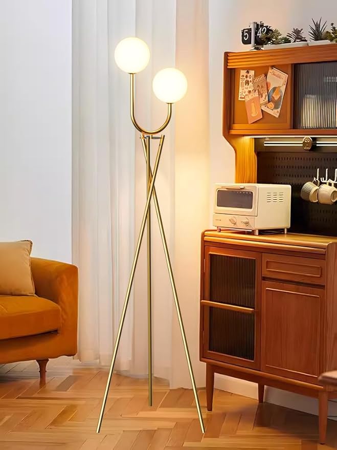 Lightdot Gold Floor Lamp Mid Century Tripod Floor Lamp with U-Stylish 2-Lights with 2Pcs 3000K G9 Bulbs Tripod Standing Lamps with Stable Base for Living Room/Sofa Sides/Corners