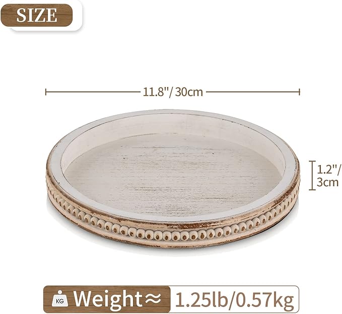 Hanobe Decorative Serving Tray Wood: White Washed Bead Round Tray Decor for Coffee Table Rustic Wooden Trays Farmhouse Centerpiece for Living Room Kitchen Counter