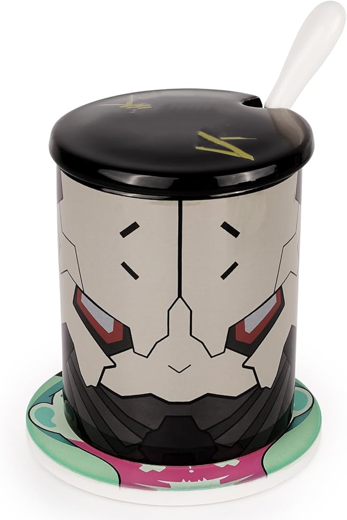 12oz Ceramic Mug Set - 4-piece Coffee Mugs with Lid, Coaster & Spoon - Perfect for Fans of Cyberpunk Aesthetic &Sci-Fi (Black)