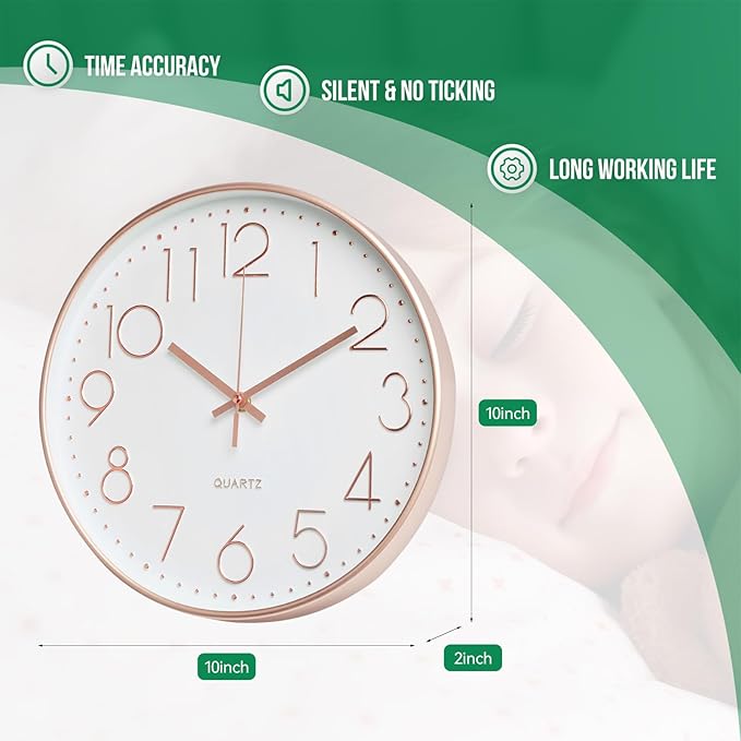 Wall Clock 10 Inch Non-Ticking Silent Modern Simple Style Round Decor Clock Rose Gold Stereoscopic Dial Quartz Wall Clocks for Home/Office/School/Living Room/Bedroom/Kitchen