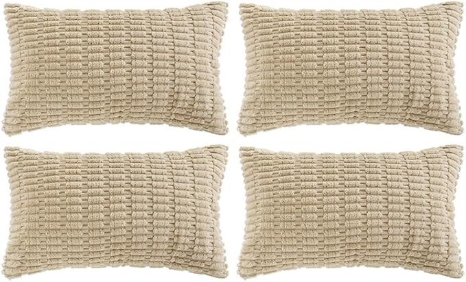 Fancy Homi 4 Packs Tan Decorative Throw Pillow Covers 12x24 Inch for Living Room Couch Bed Sofa, Beige Rustic Farmhouse Boho Home Decor, Soft Plush Striped Corduroy Square Cushion Case 30x60 cm