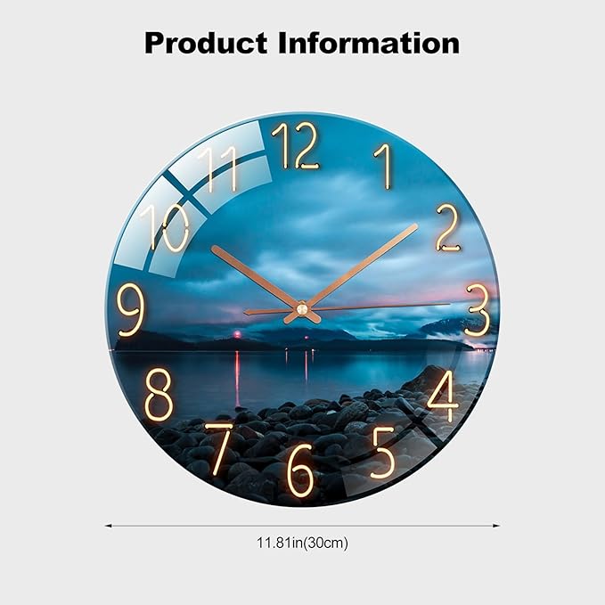 Ergocar Glass Wall Clock Silent Scanning Mechanical Round Glass Wall Clock, Suitable for Living Room, Kitchen, Office.
