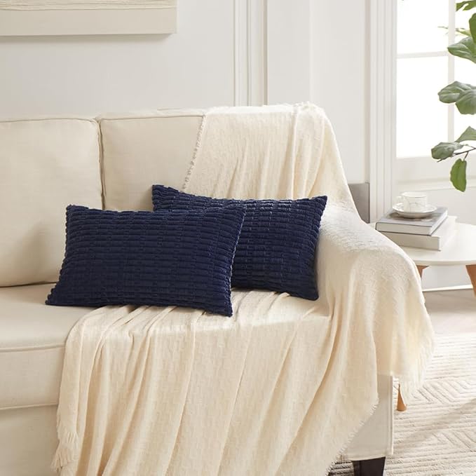 Fancy Homi 4 Packs Navy Blue Decorative Throw Pillow Covers 12x24 Inch for Living Room Couch Bed Sofa, Rustic Modern Farmhouse Boho Home Decor, Soft Plush Corduroy Cute Square Cushion Case 30x60 cm