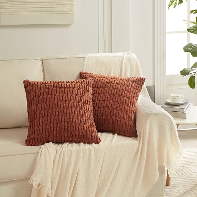 Fancy Homi 4 Packs Rust Decorative Throw Pillow Covers 20x20 Inch for Living Room Couch Bed Sofa, Terracotta Rustic Farmhouse Boho Home Decor, Soft Plush Striped Corduroy Square Cushion Case 50x50 cm