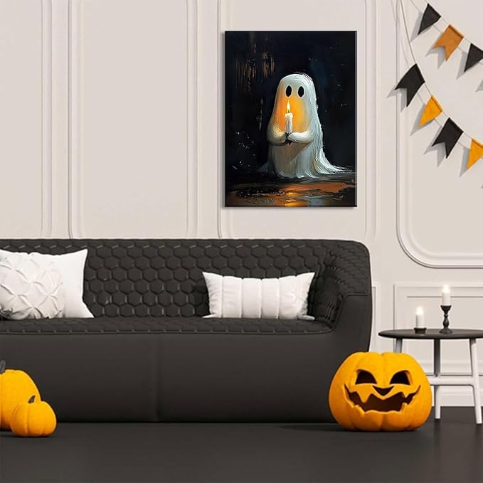 ILLBDR Cute Ghost Canvas Wall Art Halloween Decor Vintage Painting, Spooky Silhouette Ghost Holding Candle Haunted House Art, Bedroom Gothic Decor Ready to Hang, 12x16 Inch Framed