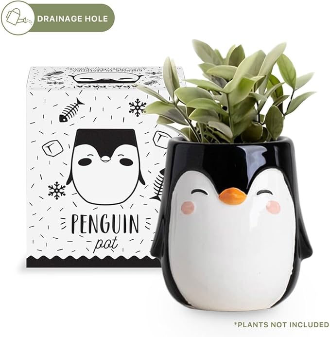 Penguin Animal Ceramic Planter for Indoor and Outdoors, 3 x 3 x 4 in., Cute Hand Painted Designed in Argentina, Convenient Drain Hole