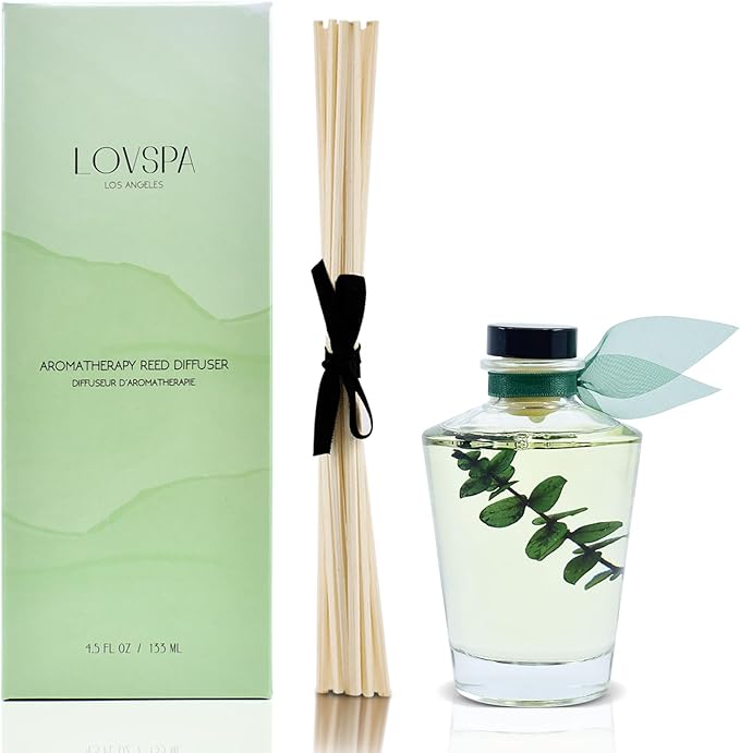 LOVSPA Cleanse Eucalyptus Sage Reed Diffuser Oil and Sticks Gift Set with Real Leaves Eucalyptus, Sage, Peppermint, Thyme, Bergamot and Lime Essential Oils