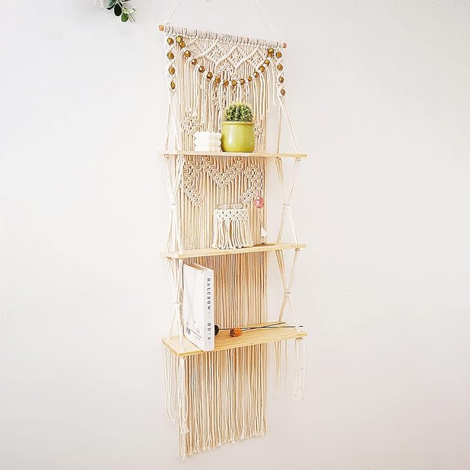 Macrame Wall Hanging Shelf with Enhanced Solid Wood Shelves and Handmade Macrame to Organize Plants and Decor — 3 Tier Macrame Shelf Wall Hanging Bohemian Decorative Shelves for Kitchen,Home Storage